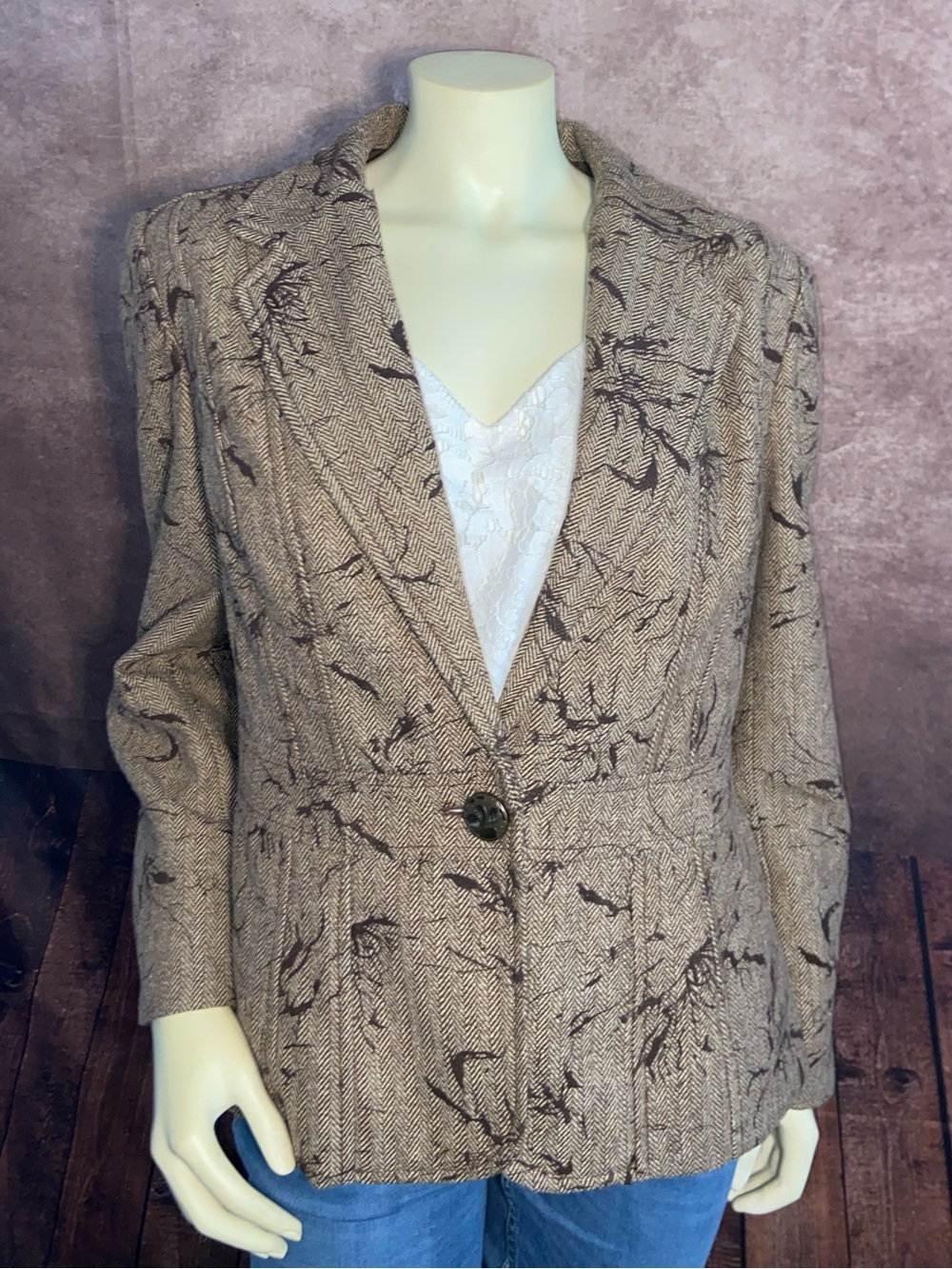 COLDWATER CREEK Tweed Ladies Blazer Jacket Size 16 Brown Print - EUC